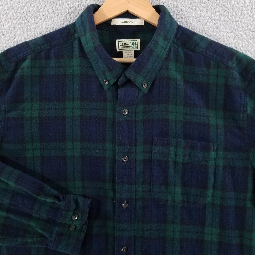 LL Bean Shirt Mens XL Flannel Green Black Watch Scotch Plaid Traditional Fit